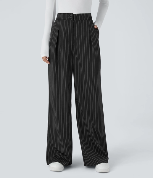 XS(Petite) Black High Waisted Zipper Pocket Wide Leg Striped Women Suit Work Pants