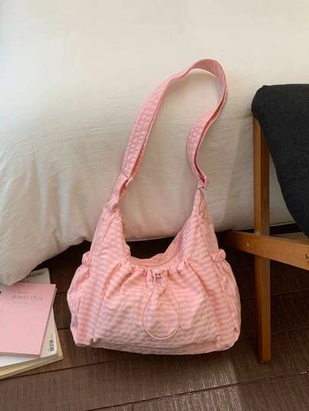 New Plaid Drawstring Cloud Pleated Shoulder Bag, Crossbody Bag For Women