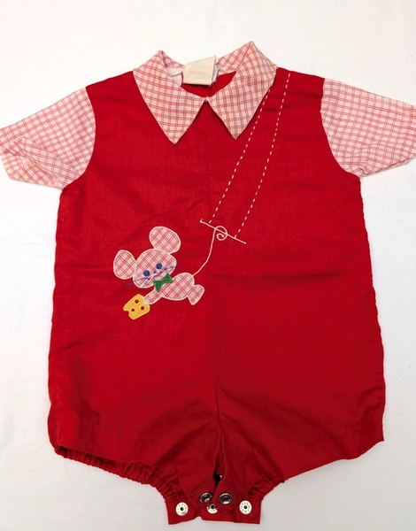 Vintage Nannette Baby Outfit Size NB Red Romper w/ Appliqué Mouse Check Collar
