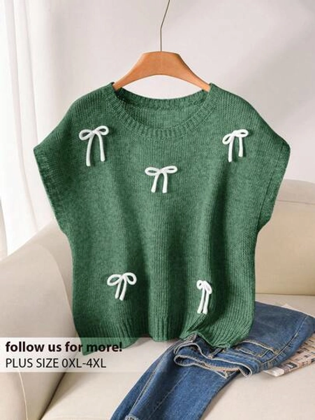 CosyJoli Plus Size Casual 3D Bow Round Neck Batwing Sleeve Loose Knit Top Green