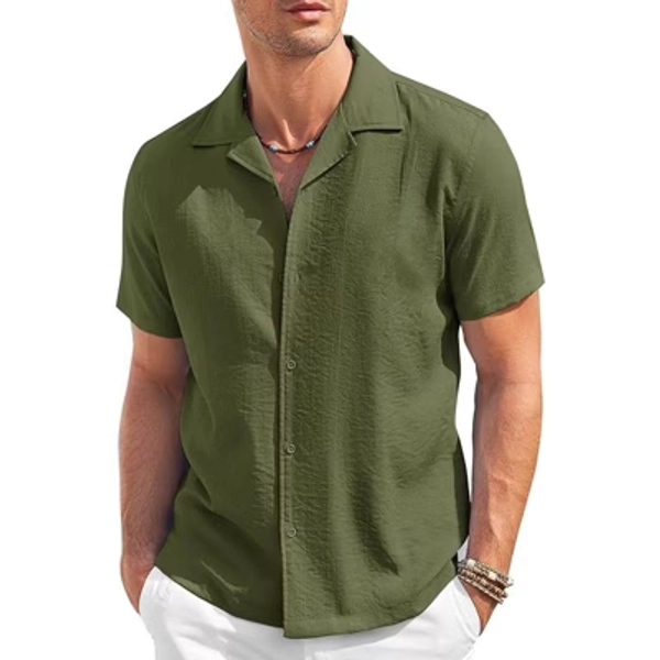 COOFANDY Men's Casual Button Down Shirt Short Sleeve Textured Summer Cuban Beach Shirts Army Green M