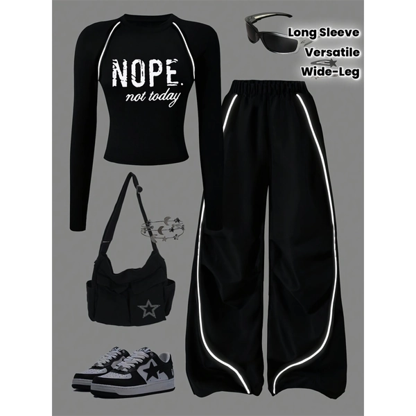 Teenage Girls' 2pcs Set, New Style for Spring And Summer, Perfect for Energetic Girls. The Baseball-Style Striped Top with 3D Printed Numbers Is Super Eye-Catching. It'S Loose And Comfortable, Suitable for School And Going Out, Full of Youthfulness