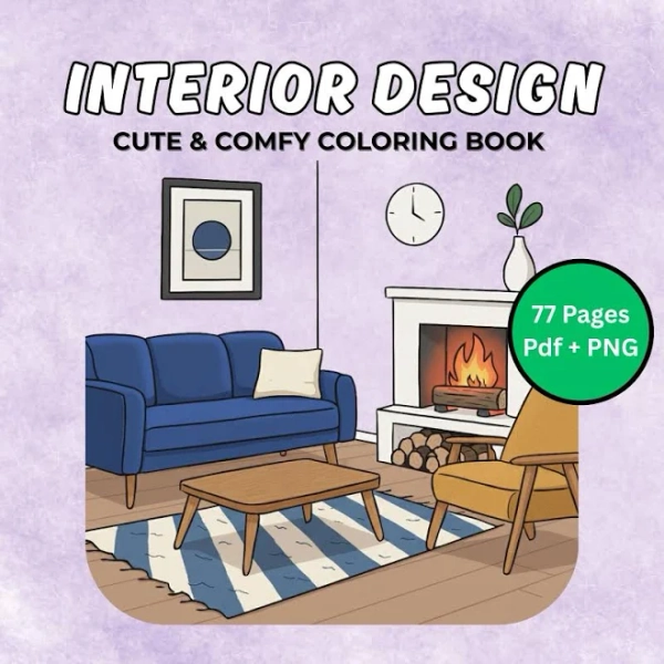 Interior Design Coloring Book PDF+PNG - 77 Printable Pages for Kids & Adults, Instant Digital Download, Bold and Easy Coloring Book