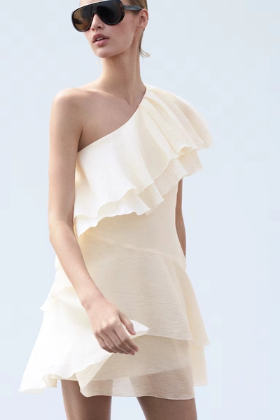 Flounced One-Shoulder Dress - Cream