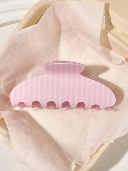 1pc Pink & White Striped Glossy Yuanbao Hair Claw Clip, Half-Up Ponytail Hair Claw For High Crown Bun, Korean Sweet Energetic Girl Style, Fresh Gentle Cute Hair Accessory For Travel, Vacation, Date, Shopping, Afternoon Tea, Aesthetic - Size one-size