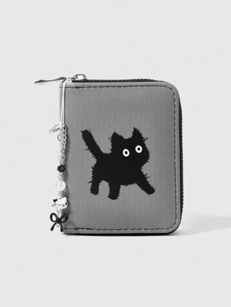 ROMWE Goth Gray-Based Black Cat With Bowknot Design Cute Creative Multi-Functional Card Holder Wallet
