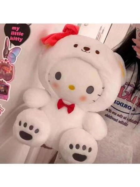 Sanrio 1pc Sanrio Hello Kitty Plush Doll Transformed Into White Bear Stuffed Animal, KT Cat Doll Bedding Pillow, Birthday Gift, Educational Doll For Kids
