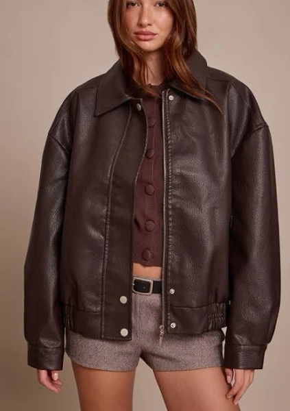 Faux Leather Bomber Jacket with Concealed Placket
