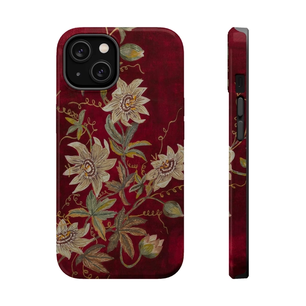 White Passionflowers on Deep Red MagSafe Tough iPhone Case for iPhones 12, 13, 14, 15, 16, 17 (Mini, Pro, Pro Max, Plus, Air)