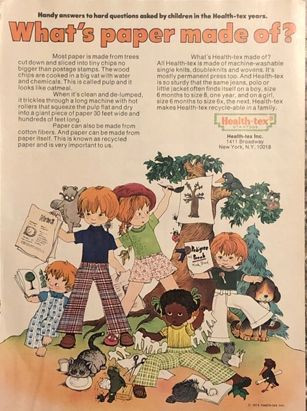 1974 Health-Tex Childrens Clothing PRINT AD Cartoon Kids Paper Made Of? VTG 70s