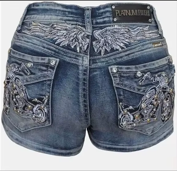 Gothic Retro Motorcycle Rhinestone Shorts Y2K Slim Fit Sexy Wing Rivet Embroidery Denim Shorts Blue Wash High Waist Mini Short - AliExpress 