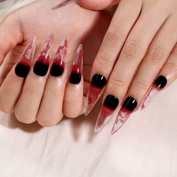 24pcs Halloween Black Red Gradient Almond Fake Nails Press On Nails Full Cover Blood Lines False Nails Decor Stiletto Nail Tips - AliExpress 