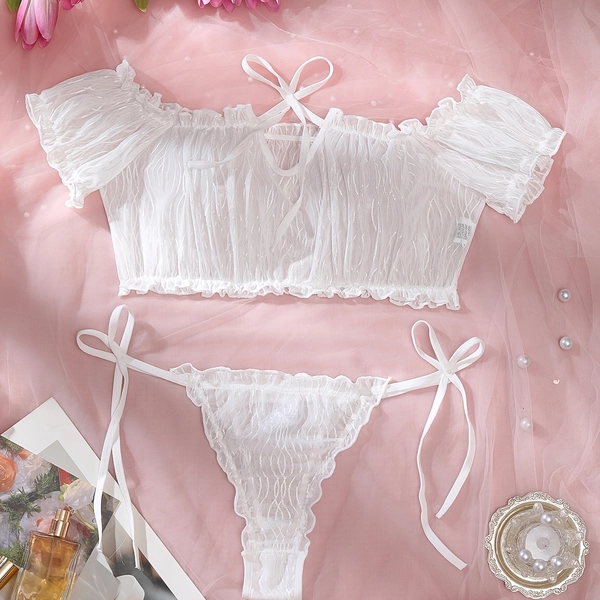 White Sexy Pajama Set, Off-the-Shoulder Bandeau Top with Tie-Back Panties, Tie-Back Ruffled Trim Corrugated Jacquard Lace Breathable Lingerie Sleepwear Set