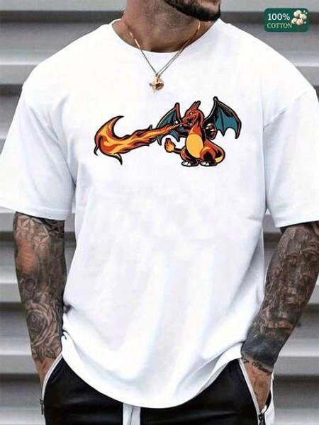 100% Cotton Unisex Round Neck Short-Sleeve T-Shirt With Charizard Graphic Print, Basic Tees Perfect For Summer Men's Tops