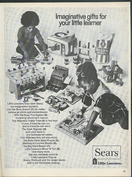 Imaginative gifts for your little learner Sears Toys ad 1972 black children