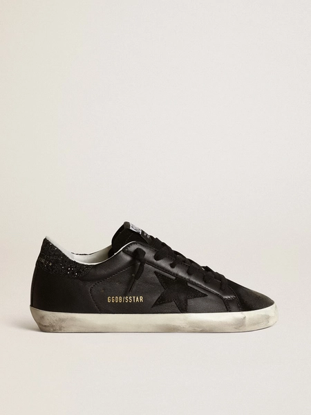 Women's Super-Star in black nappa with black star and glitter heel tab