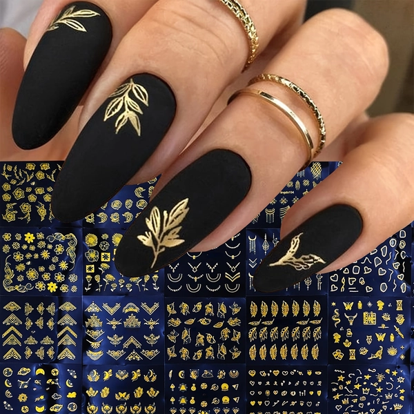 [Golden Floral Nail Art] 30 Sheets Golden Floral Nail Art Stickers - 3D Self-Adhesive Shimmering Leaf & Flower Designs for DIY Manicure, Elegant Golden Accents for Women's Nails, Nail Decorations|Elegant Nail Art|Selfadhesive Stickers