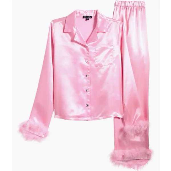 Ava & Yelly Kids' Faux Fur Trim Satin Pajamas