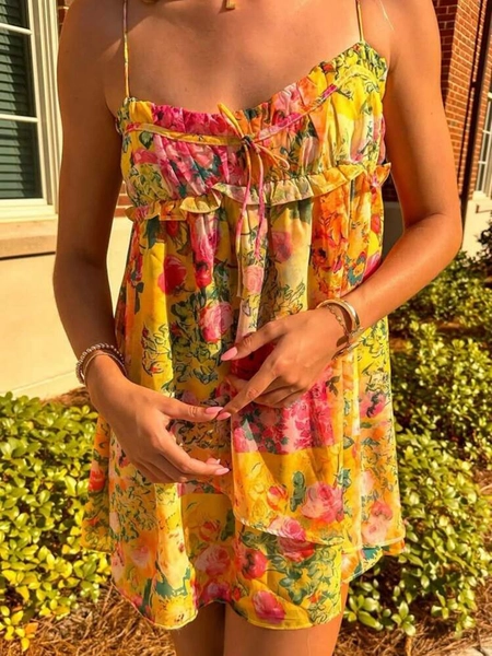Women's Y2K Summer Floral Mini Dress Boho Flowy Short Dress Spaghetti Strap Sleeveless Chiffon Corset Dress Beach Vacation Sundress