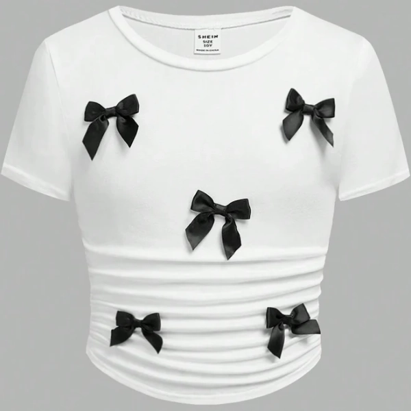 SHEIN Tween Girls Casual Crew Neck Short Sleeve Bow Top