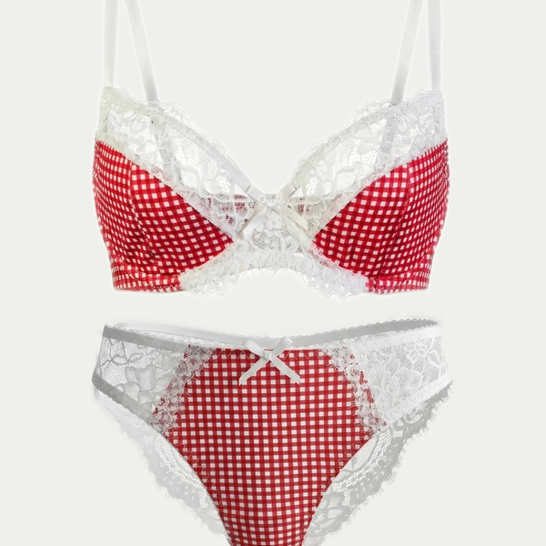 Ladies' Lingerie Set with Lace Appliqué Bra, Comfortable Fitted Plaid Print Underwear, Simple and Cute Women's Panty and Bra Set