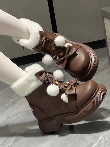 Brown Sweet Lolita Ankle Boots - Cozy Fur Top with Bear Elements & Ruffles Trim