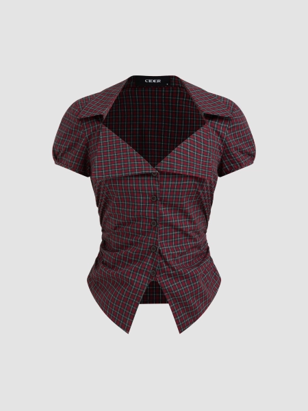 Cotton-blend Tartan Split Gingham Ruched Shirt