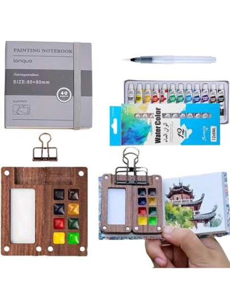 5pcs Style Mini Portable Watercolor Paint Palette Box Set With Integrated Mixing Area, Plastic Travel Sketching Kit, Clip, And Water Brush Pen For Artists, Empty Cases- Outdoor Sketching And Painting Easel Accessory