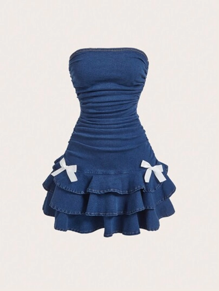 Women's Summer Strapless Bow Decor Ruffle Hem Denim Dress - Size XS