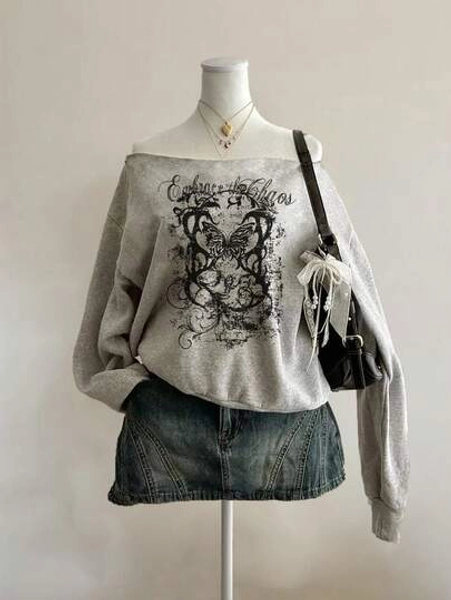 Attitoon Plus Size Women's Casual Loose Off-Shoulder Long Sleeve Sweatshirt, Vintage Punk English Letter Street Cool Butterfly Distressed Print Pattern, Comfortable For Autumn/Winter Graphic