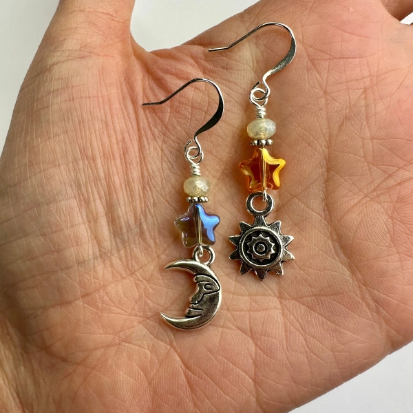 Celestial Iridescent Orange + Blue Czech Glass Suns + Moons Dangle Earrings | Moon + Sun Charms Boho Drop Earrings, Silver Tone Finish