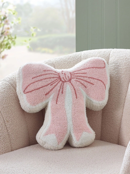 Catherine Lansfield Pink Bow Boucle 3D Shaped Cushion