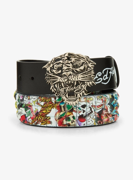 Ed Hardy Tiger Skull Three Row Pyramid Stud Belt