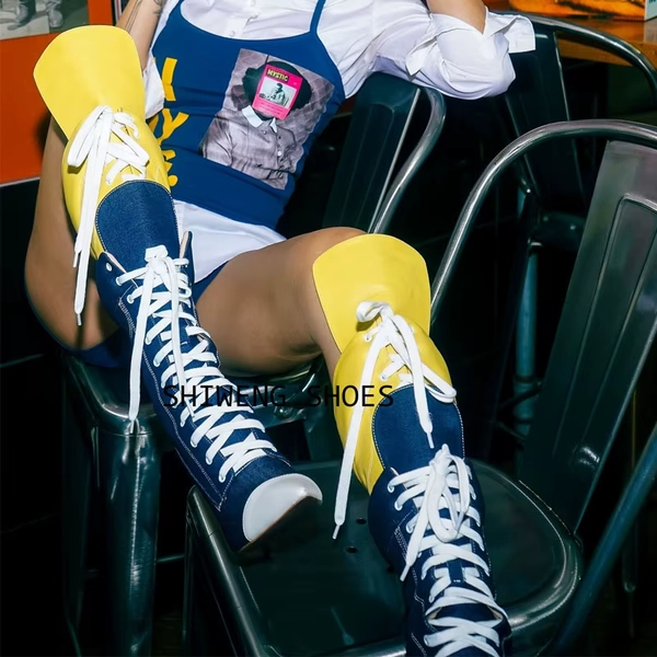 2026 Women Cross Tied Patchwork Knee-High Boots Pointed Thin Heels Closure Sexy Runway Show Modern Booties Lady Newest 44 - AliExpress 322