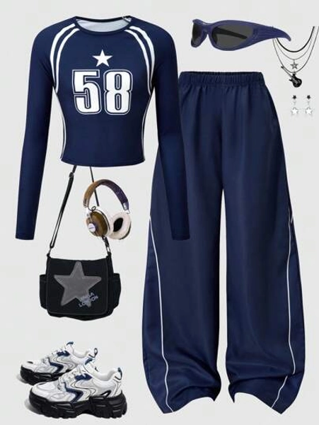 SHEIN 2pcs/Set Girls Navy Blue Numeric Print Long Sleeve Top And Wide-Leg Pants Casual Outfit Fall Winter