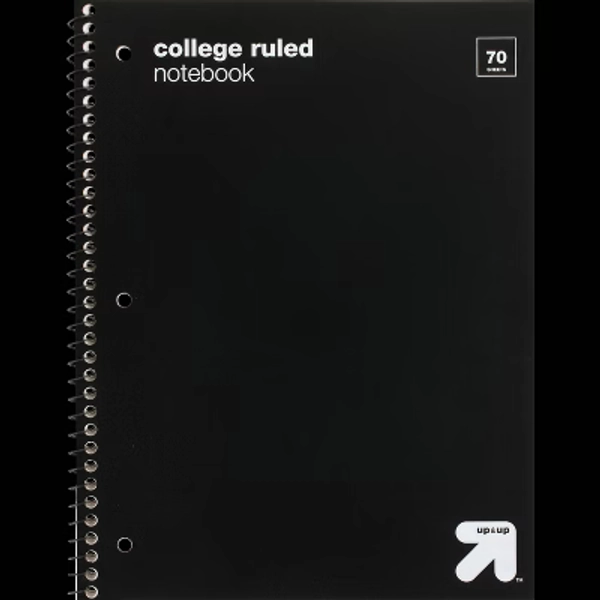 College Ruled Black 1 Subject Flexible Plastic Cover Spiral Notebook - up&up™: 3 Hole Punched, Perforated, 70 Pages