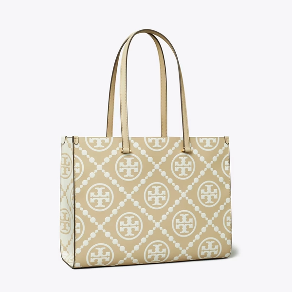 T Monogram Contrast Embossed Tote in beige, size OS
