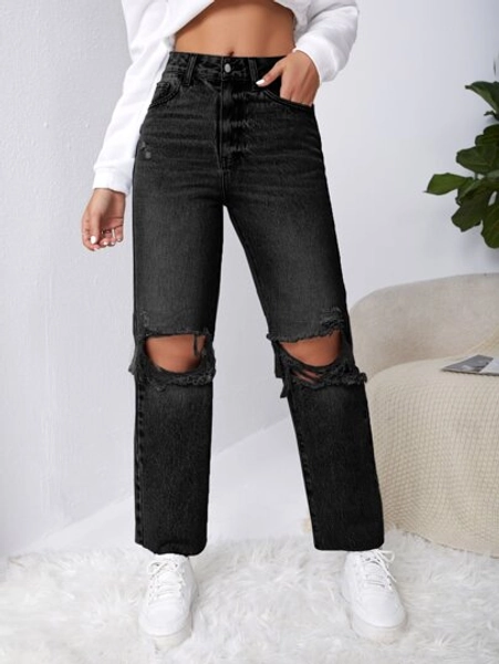 SHEIN EZwear Ripped Raw Cut Straight Leg Jeans