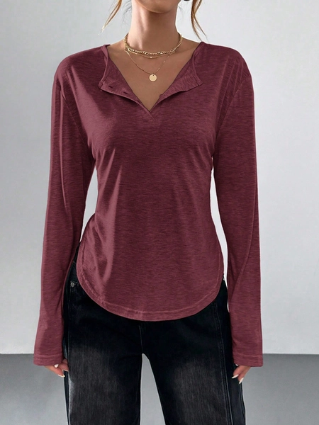 SHEIN Essnce Loose Fit Arc Hem Long Sleeve T-Shirt For Women, Relaxed Style