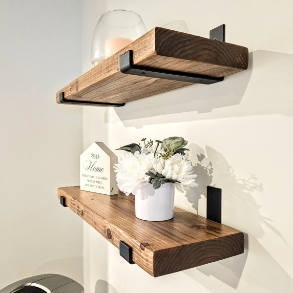 SET OF TWO Floating Wood Shelves – Premium Rustic Shelving with Industrial Brackets – Handmade by CraftsmanSmith –Ships in 48 Hours or Less!