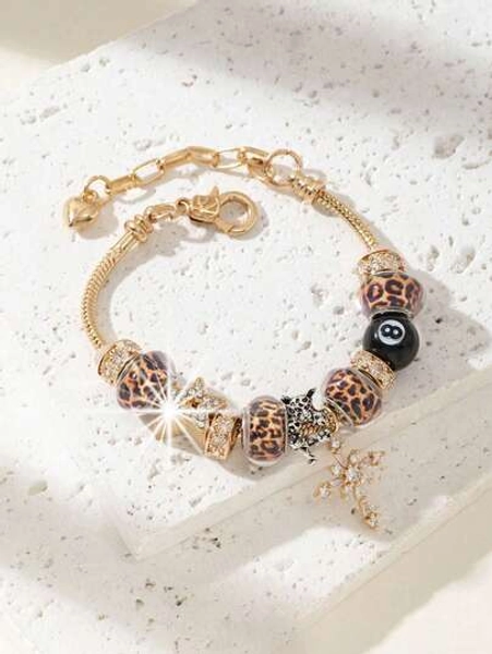 1pc Teenager DIY Beaded Bracelet With Copper Cross, Leopard Print Beads, And Black Tassels, Fashion Jewelry, Gift For Birthday