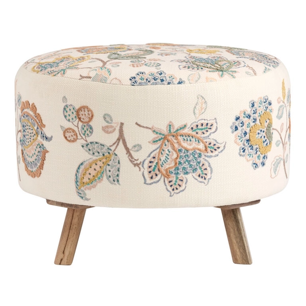 Yasmin Large Round Ivory Botanical Embroidered Ottoman