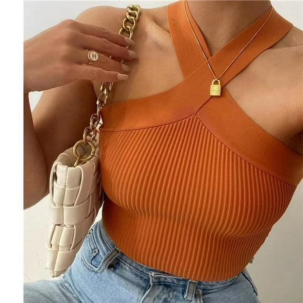 Yesfashion Women's Backless Bandage Sleeveless Tie Back Knitted Halter Cami Crop Top