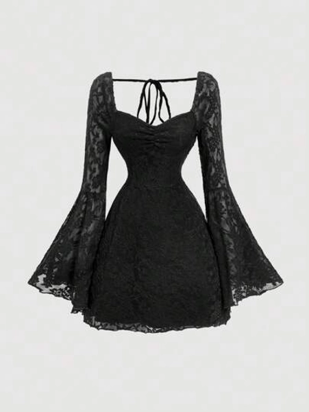 SHEIN MOD Women Black Lace Jacquard Flare Sleeve Short Knit Dress,New Years Women Dress - Size L