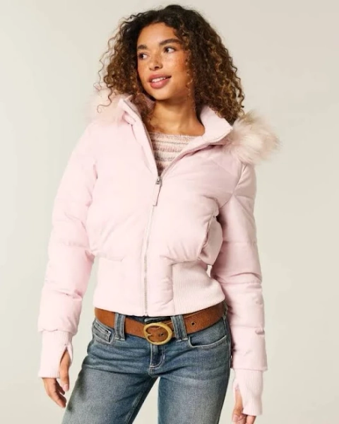 Hollister Women's Faux Fur Trim Puffer Bomber Jacket