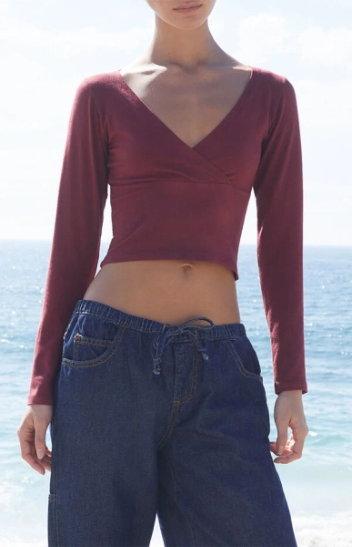 Burgundy Crossover Long Sleeve Top