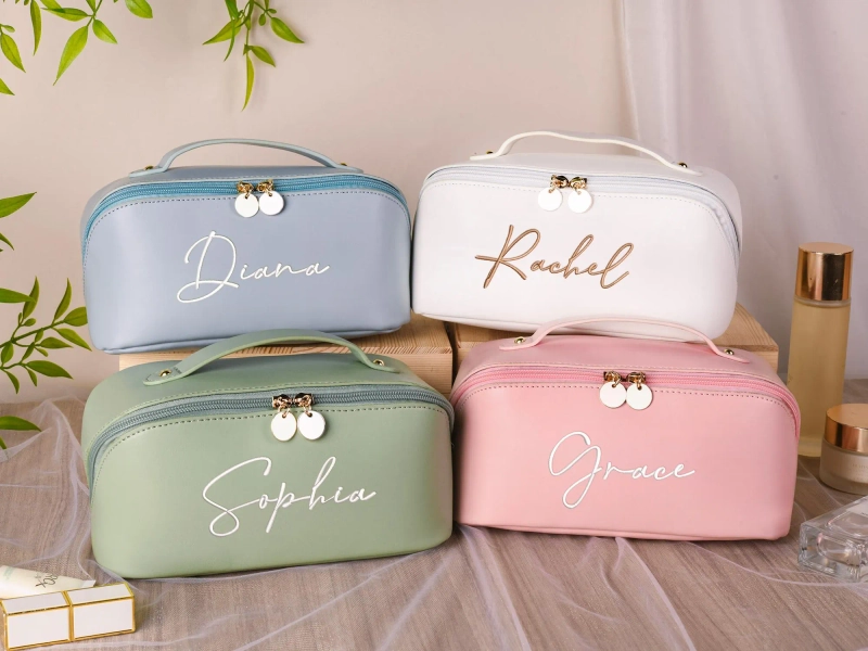 Embroidered Leather Makeup Bag Personalized,Large Capacity Cosmetic Bag,Bridesmaid Makeup bag,Christmas Gift Women, Travel Storage Organizer