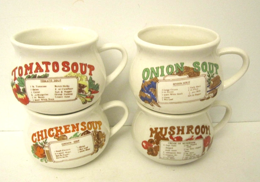 Vintage Recipe Soup Bowls Mugs Set of 4 Tomato, Onion, Chicken, Mushroom 70s