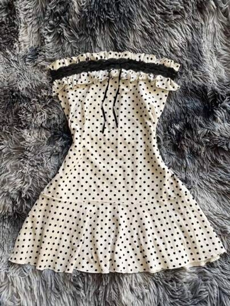 Rina Fox Women Ruffle Trim Polka Dot Print Contrast Lace Strapless Mini Dress