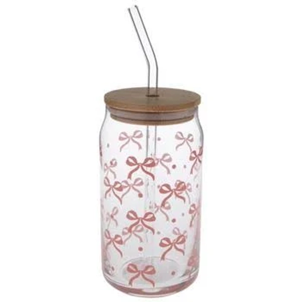 Pink Bows Glass Cup With Straw